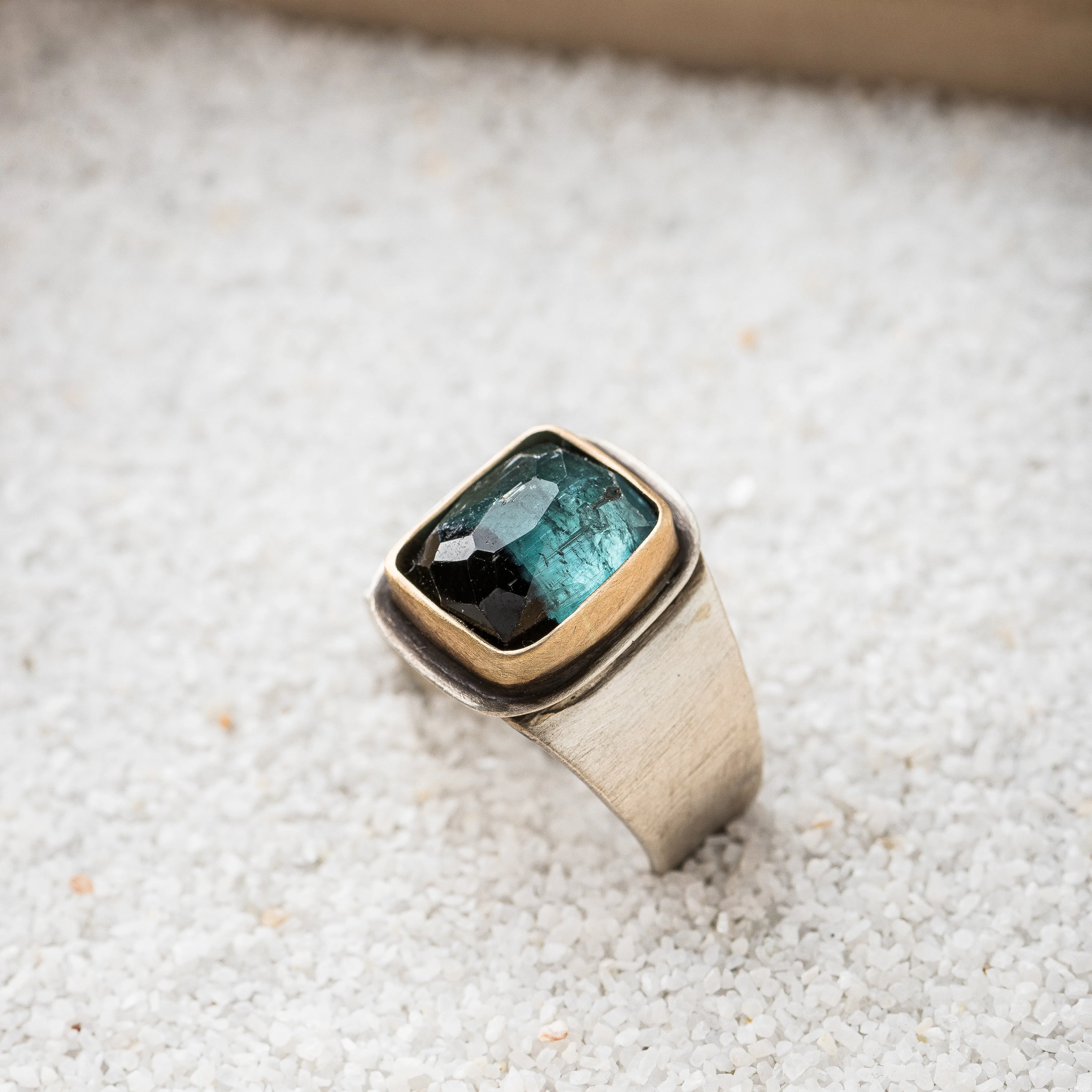 Blue Ombré Tourmaline Cushion Ring with 14k Gold Bezel on Taper Band