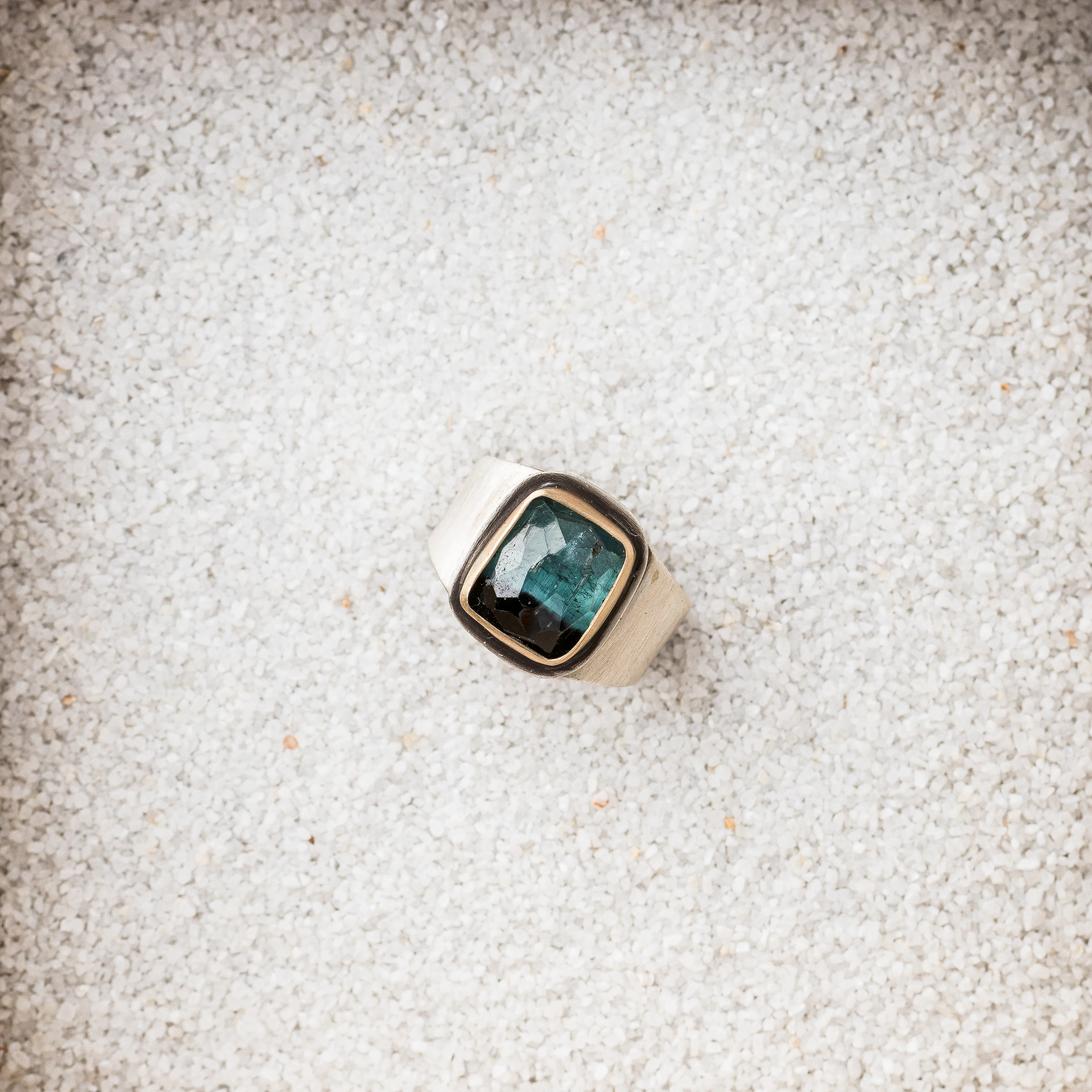 Blue Ombré Tourmaline Cushion Ring with 14k Gold Bezel on Taper Band