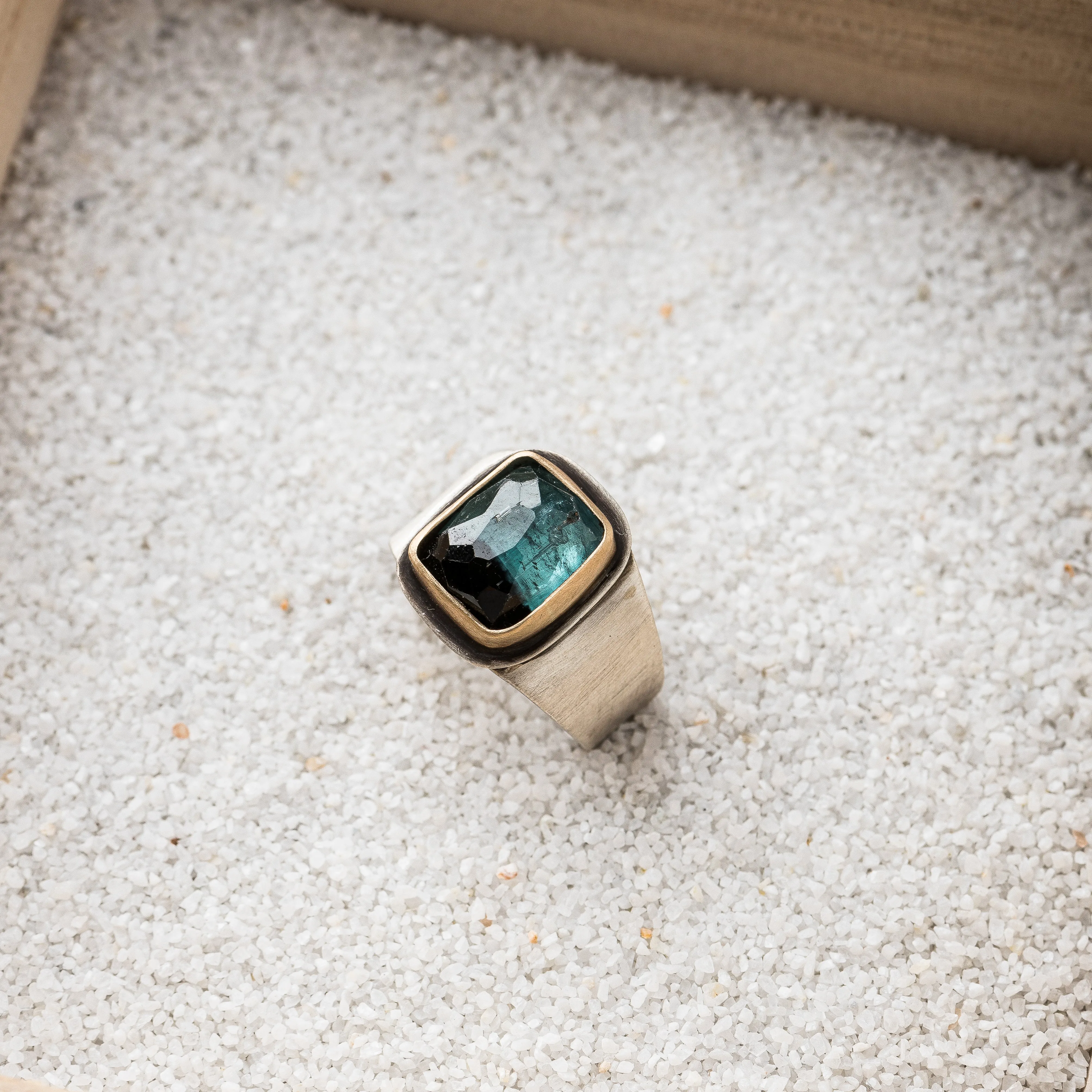 Blue Ombré Tourmaline Cushion Ring with 14k Gold Bezel on Taper Band