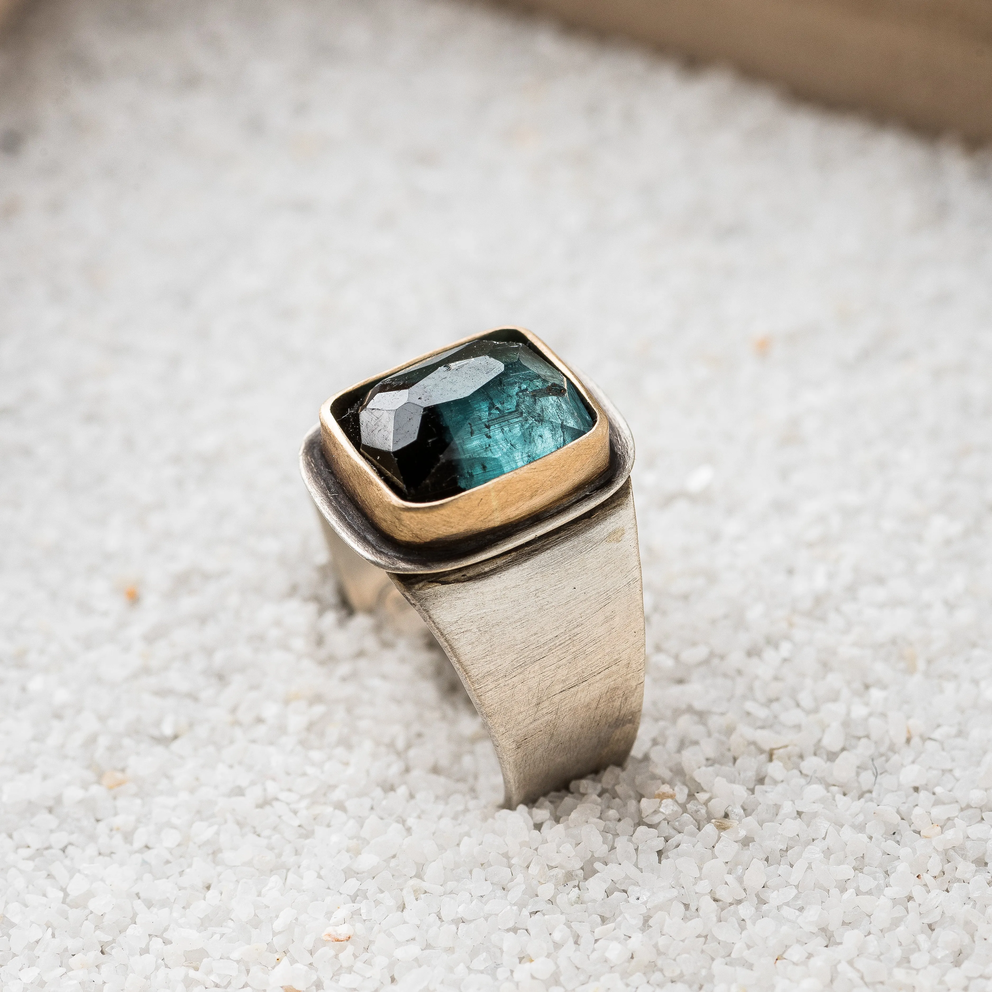 Blue Ombré Tourmaline Cushion Ring with 14k Gold Bezel on Taper Band