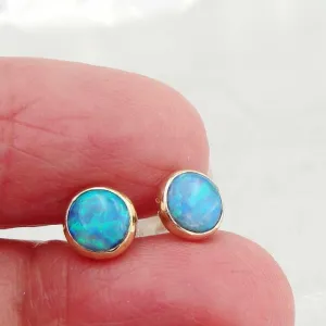 Blue Opal Stud Earrings Handmade 9k Yellow Gold 6mm Round Hadar Designers (I e83