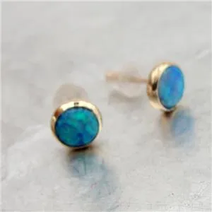 Blue Opal Stud Earrings Handmade 9k Yellow Gold 6mm Round Hadar Designers (I e83