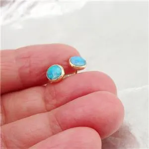 Blue Opal Stud Earrings Handmade 9k Yellow Gold 6mm Round Hadar Designers (I e83