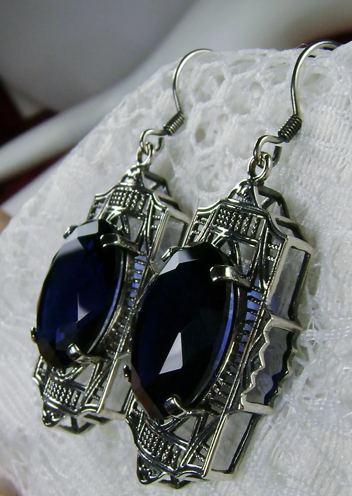 Blue Sapphire Earrings, Art Deco Jewelry #E19