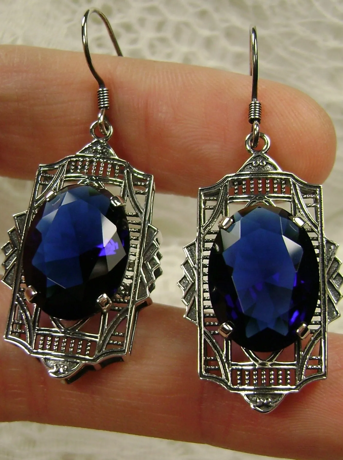 Blue Sapphire Earrings, Art Deco Jewelry #E19