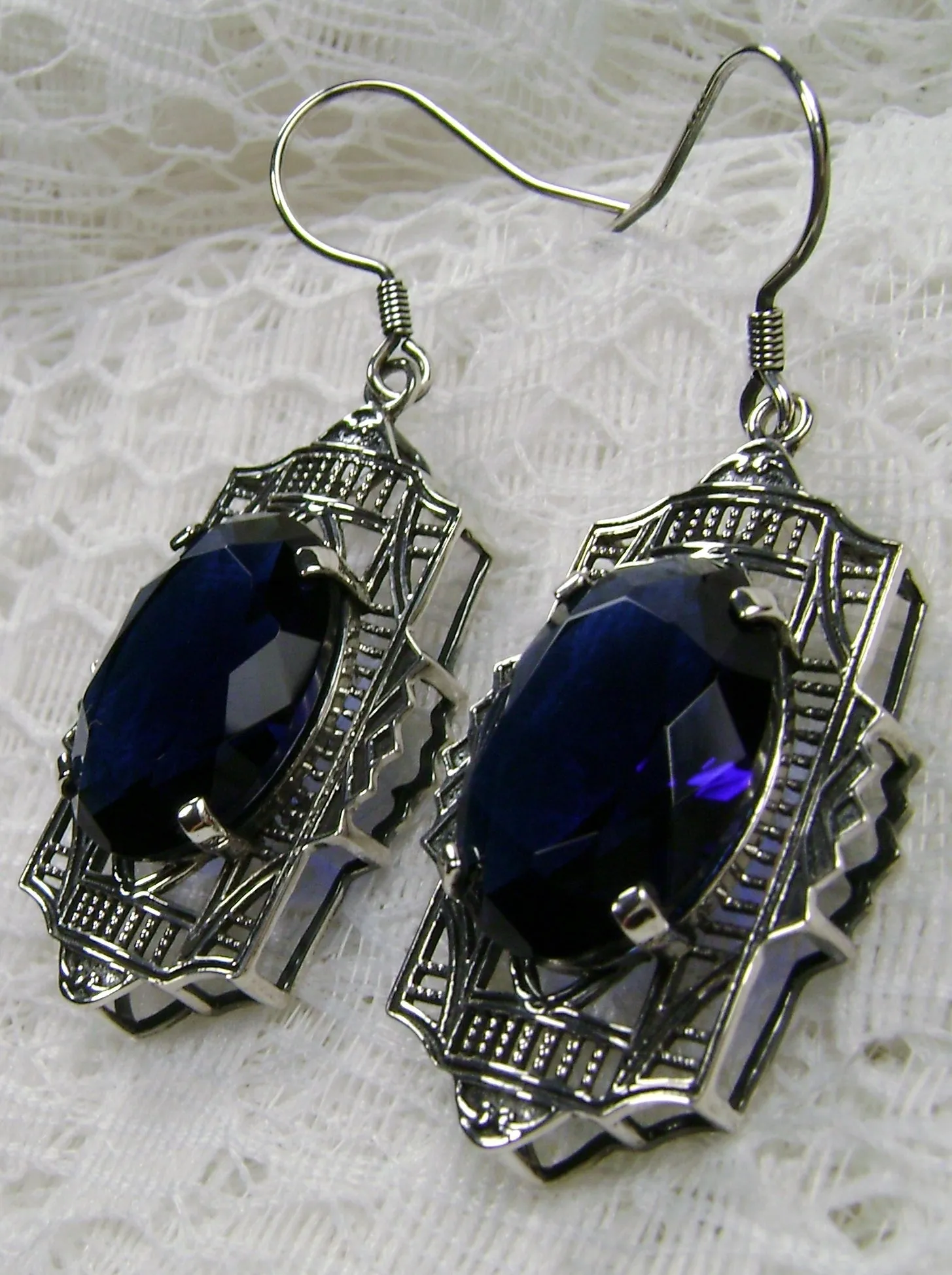 Blue Sapphire Earrings, Art Deco Jewelry #E19