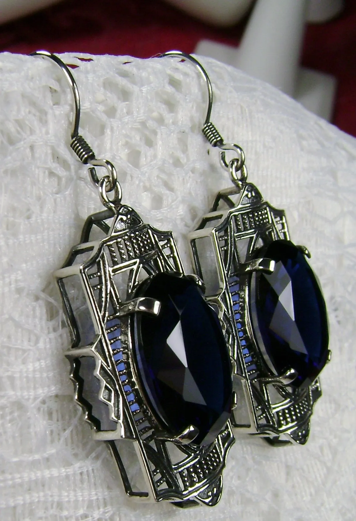 Blue Sapphire Earrings, Art Deco Jewelry #E19