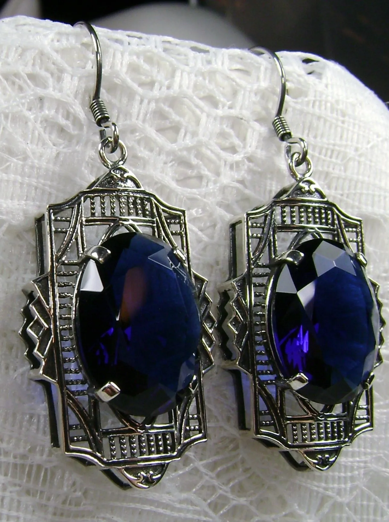 Blue Sapphire Earrings, Art Deco Jewelry #E19