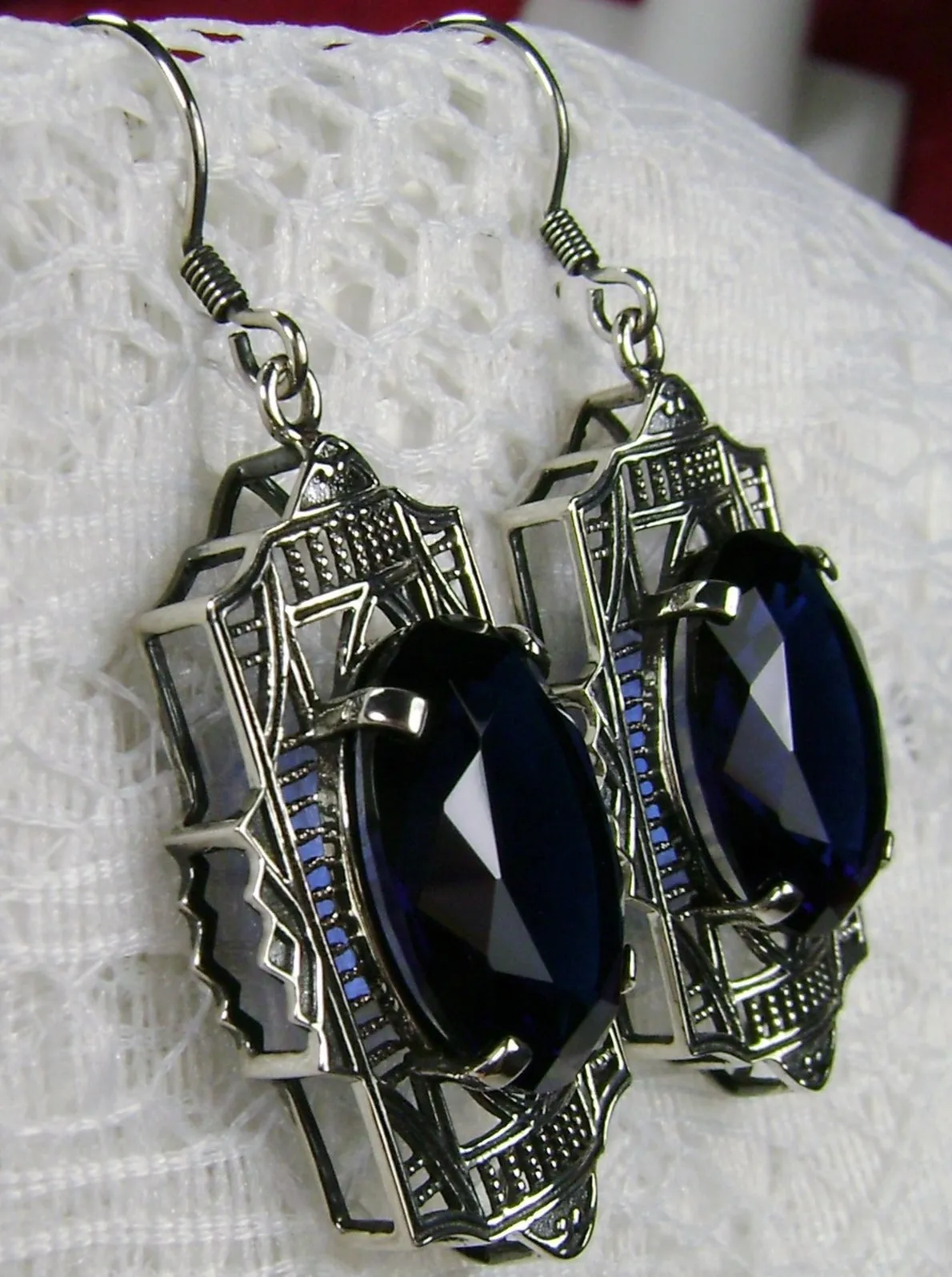 Blue Sapphire Earrings, Art Deco Jewelry #E19