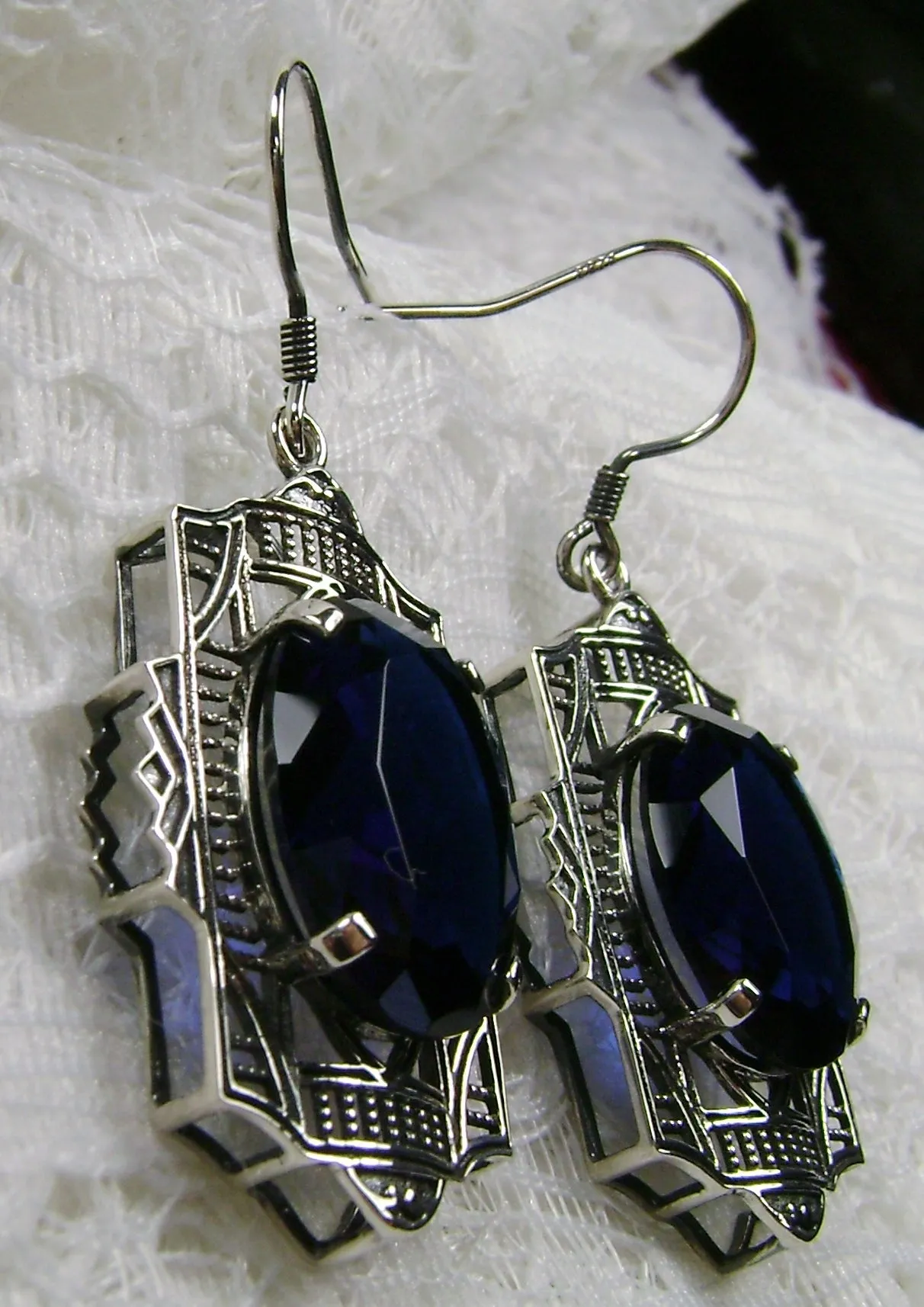 Blue Sapphire Earrings, Art Deco Jewelry #E19