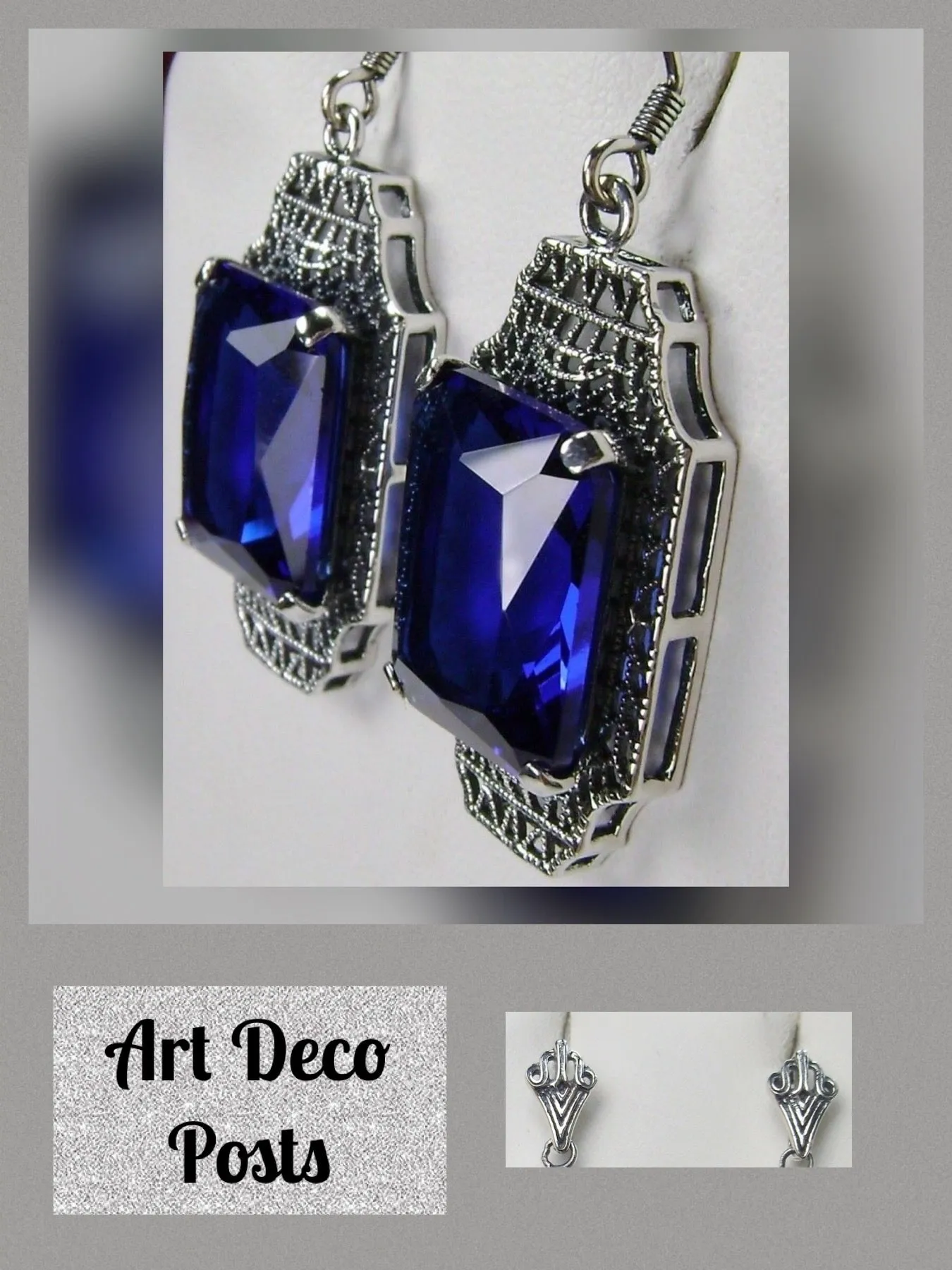 Blue Sapphire Earrings, Rectangle Gems, Art Deco Lantern-style Silver Filigree #E13