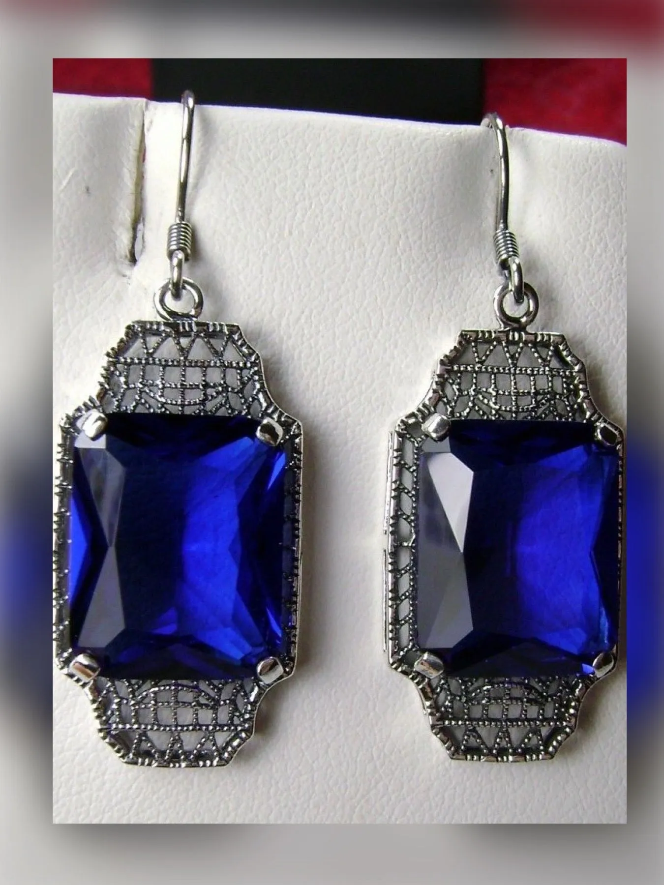 Blue Sapphire Earrings, Rectangle Gems, Art Deco Lantern-style Silver Filigree #E13