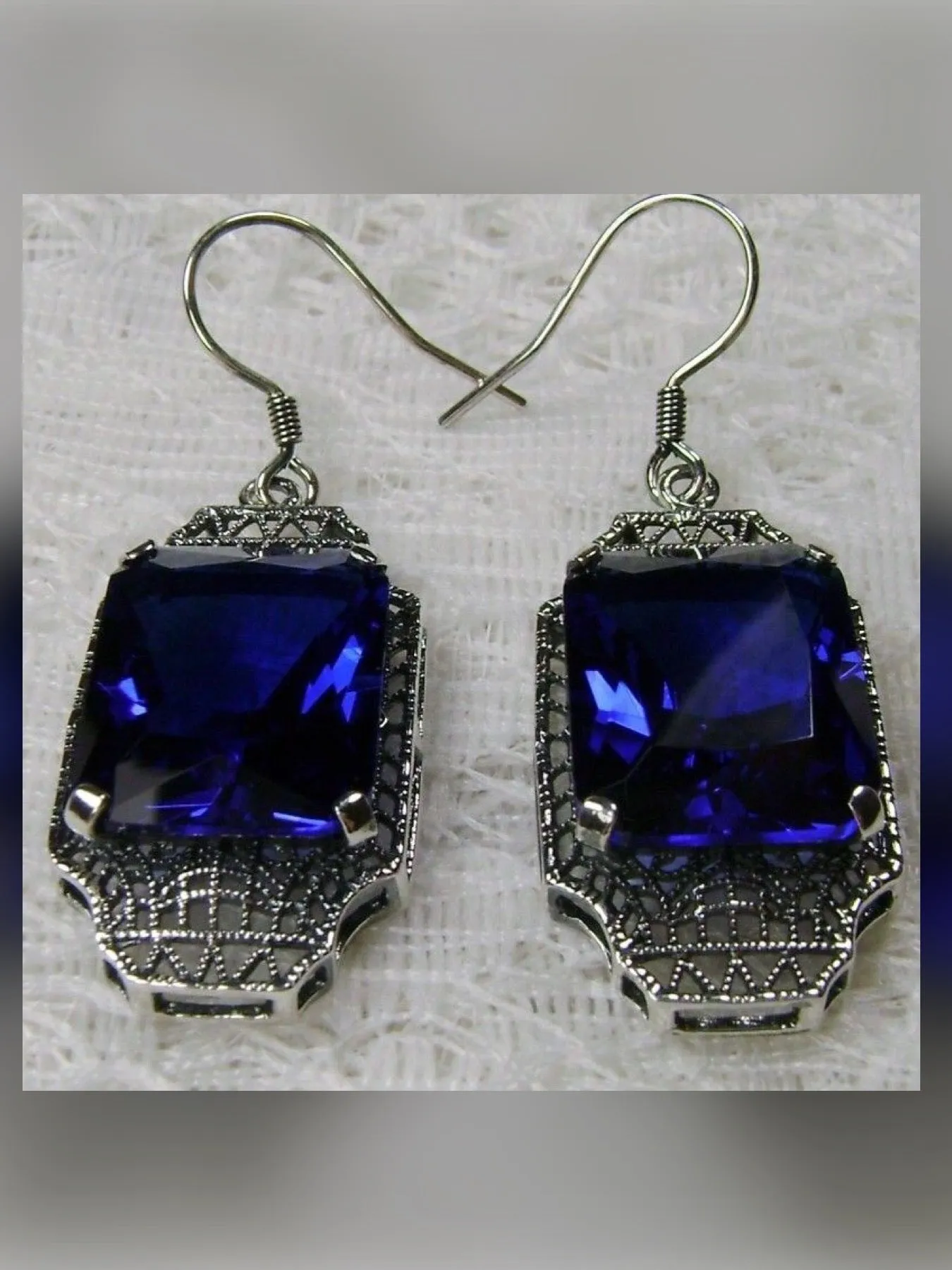 Blue Sapphire Earrings, Rectangle Gems, Art Deco Lantern-style Silver Filigree #E13