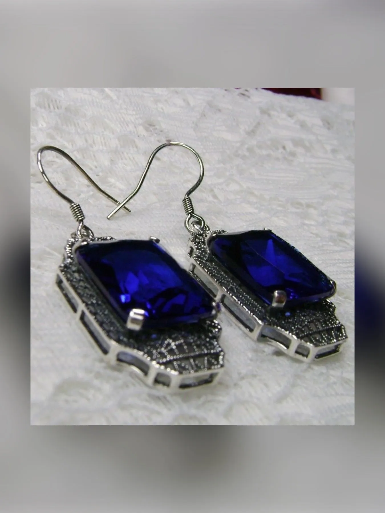 Blue Sapphire Earrings, Rectangle Gems, Art Deco Lantern-style Silver Filigree #E13