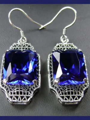 Blue Sapphire Earrings, Rectangle Gems, Art Deco Lantern-style Silver Filigree #E13