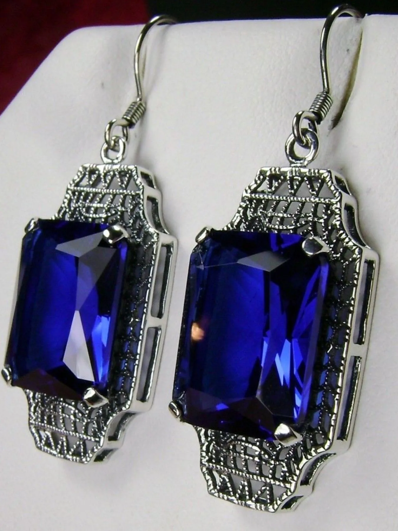 Blue Sapphire Earrings, Rectangle Gems, Art Deco Lantern-style Silver Filigree #E13