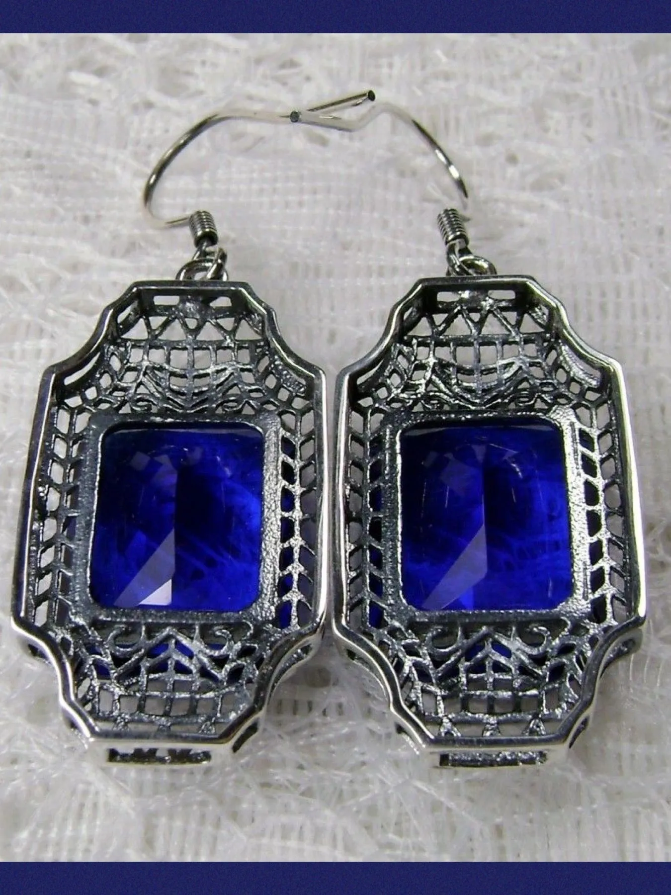 Blue Sapphire Earrings, Rectangle Gems, Art Deco Lantern-style Silver Filigree #E13