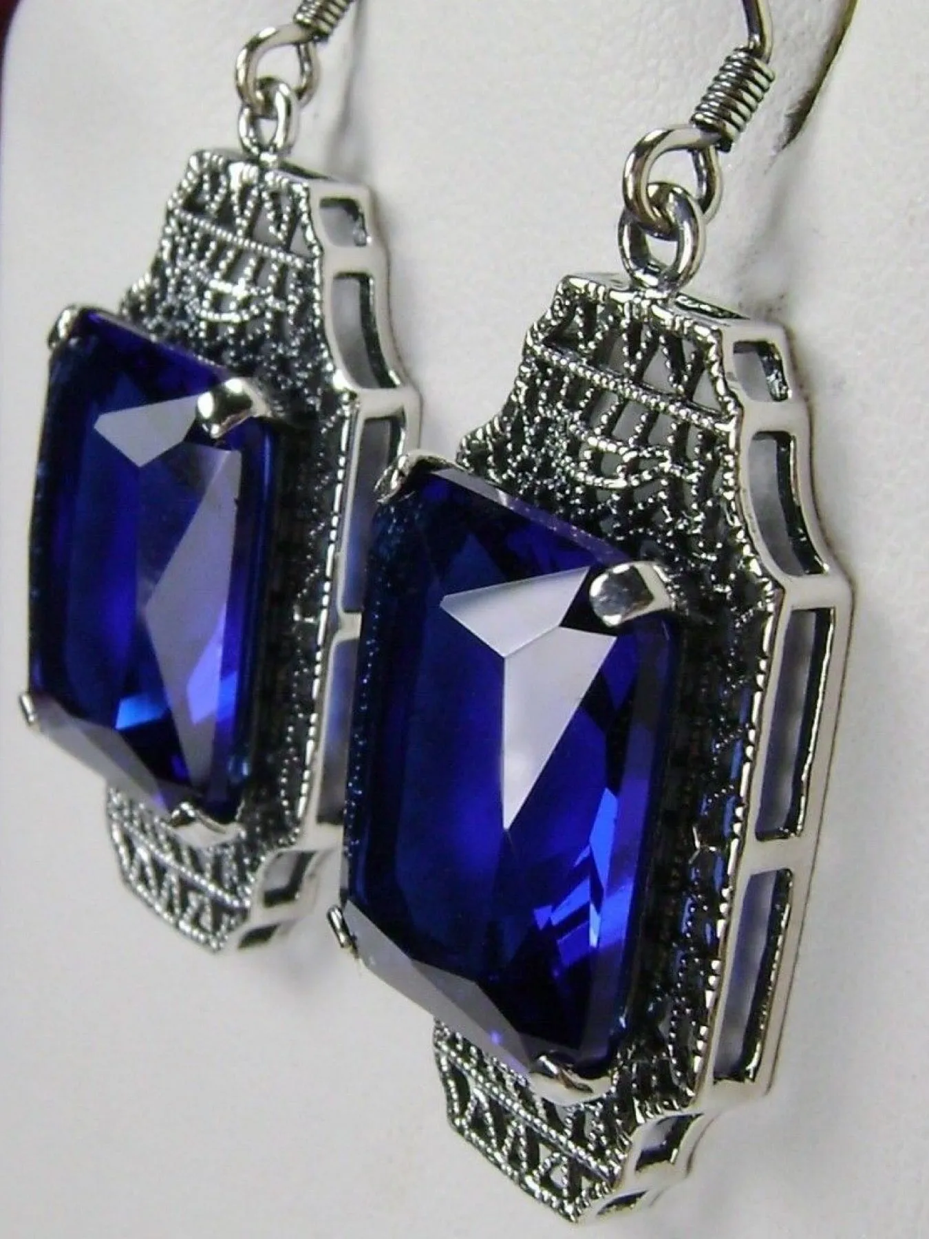 Blue Sapphire Earrings, Rectangle Gems, Art Deco Lantern-style Silver Filigree #E13