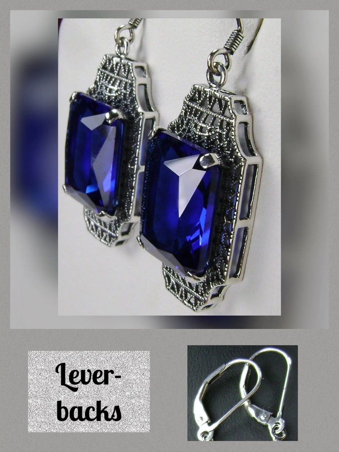 Blue Sapphire Earrings, Rectangle Gems, Art Deco Lantern-style Silver Filigree #E13