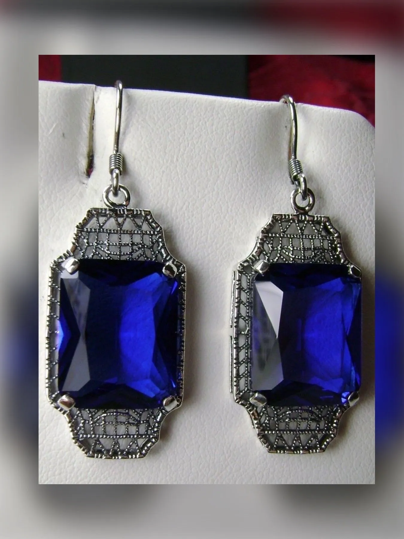 Blue Sapphire Earrings, Rectangle Gems, Art Deco Lantern-style Silver Filigree #E13