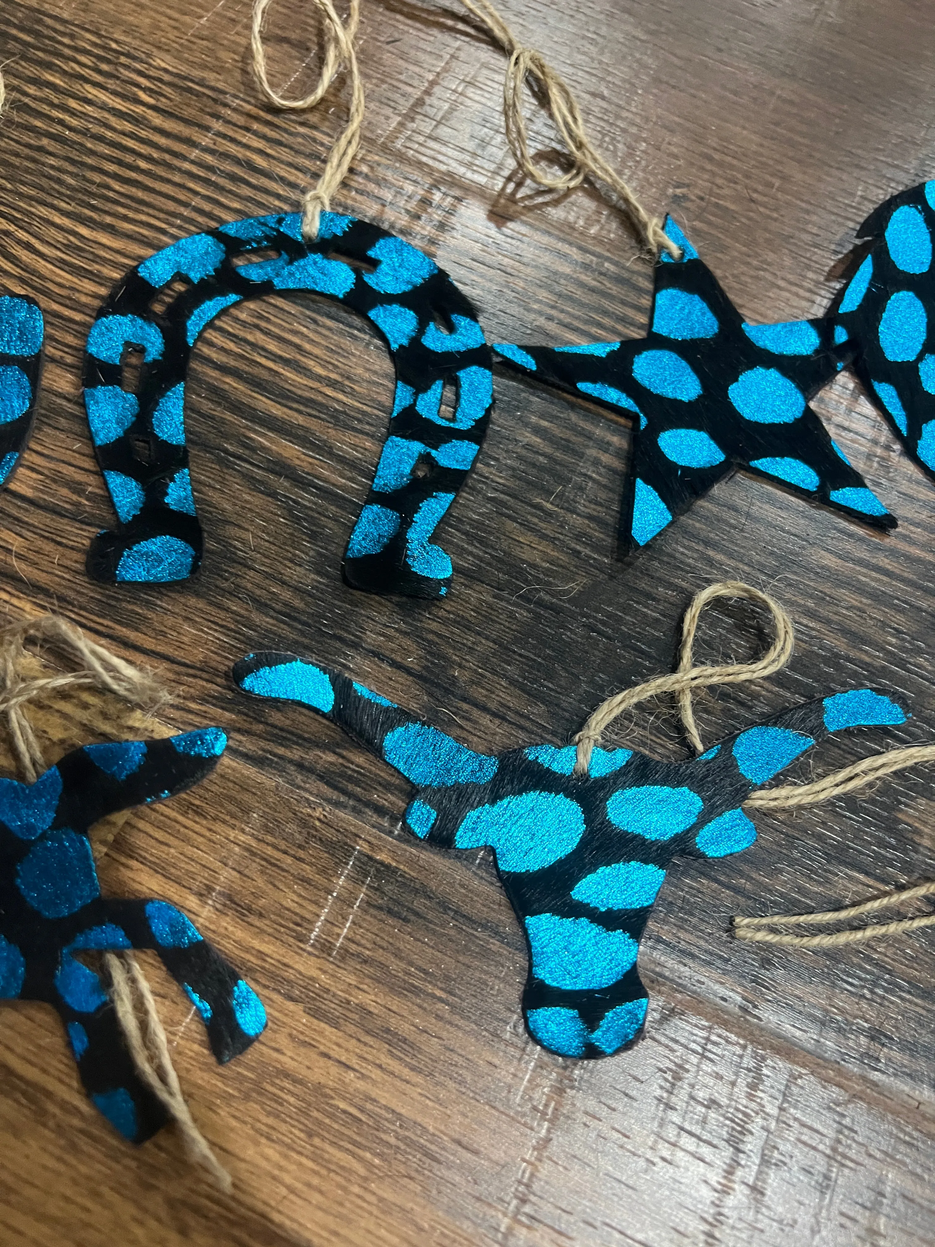 BLUE SPOTTED  Leather Cowhide  Christmas Ornament - Sold Individually