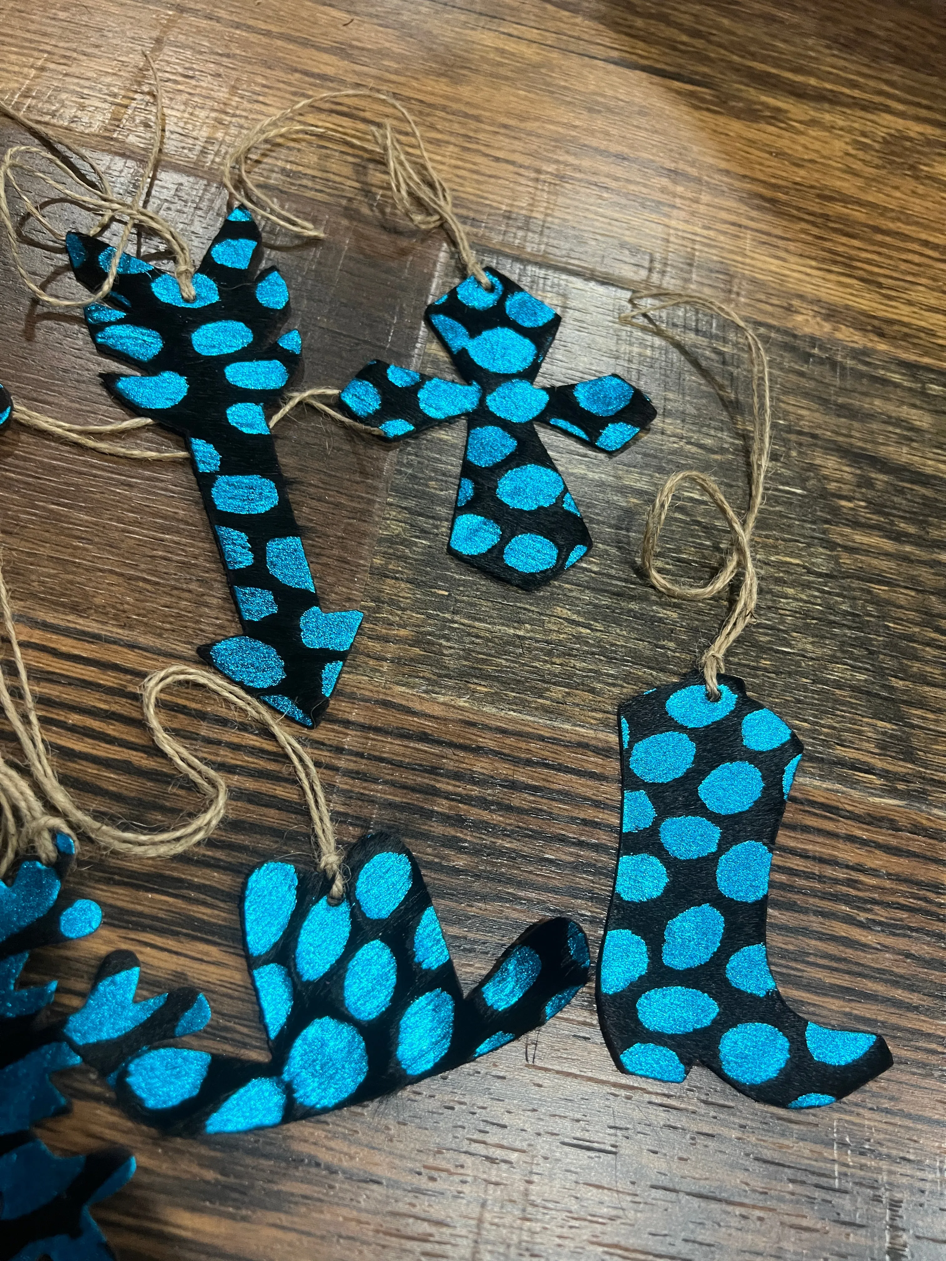 BLUE SPOTTED  Leather Cowhide  Christmas Ornament - Sold Individually
