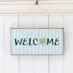 Blue Striped Shamrock Welcome Twine Hanging Sign