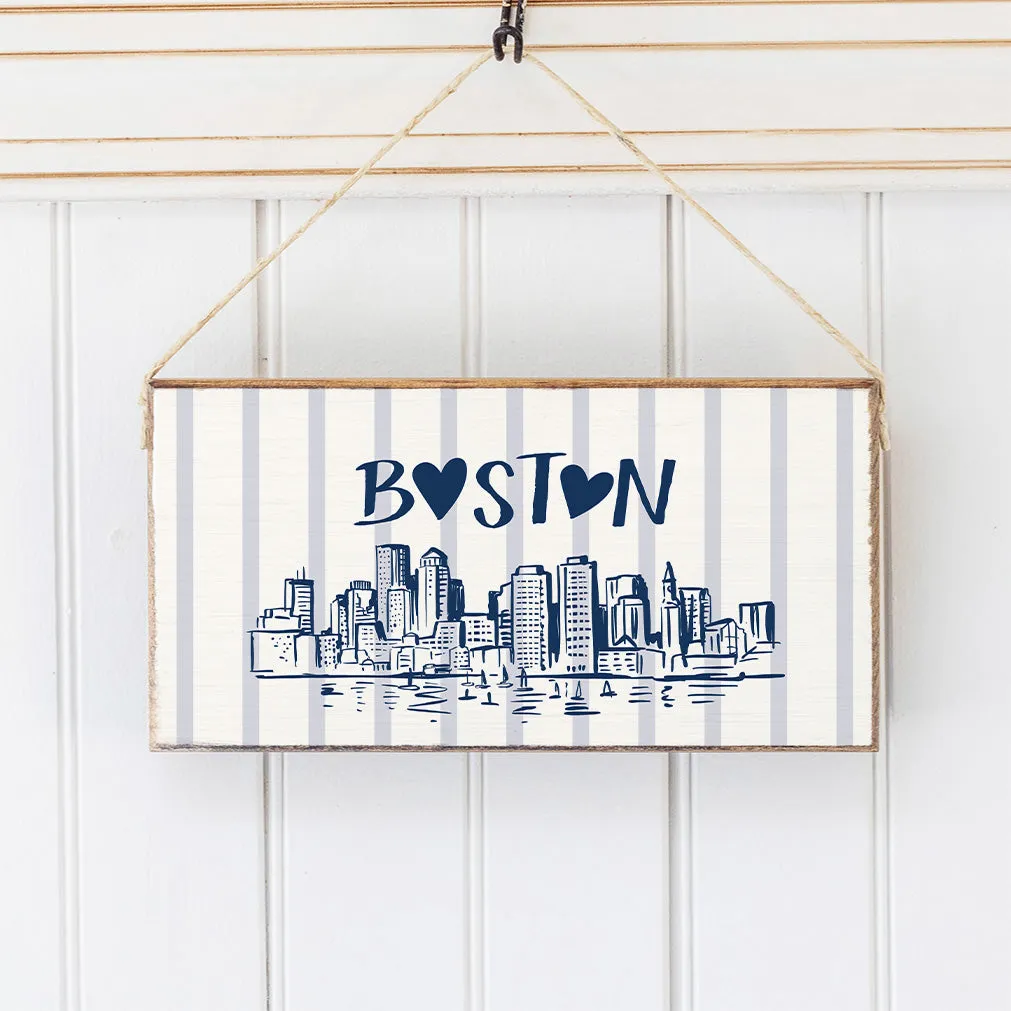 Boston Blue Striped Skyline Twine Hanging Sign