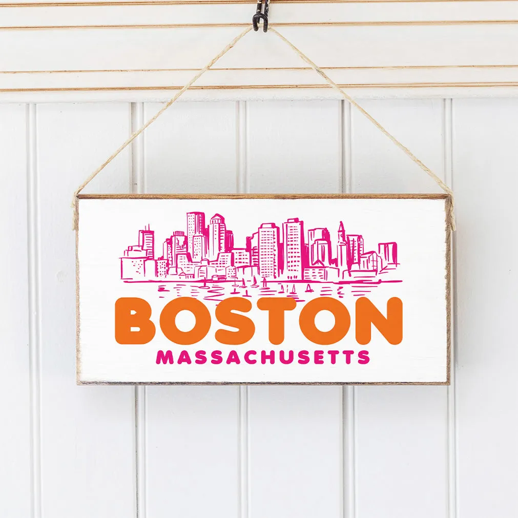 Boston MA Orange and Pink Skyline Twine Hanging Sign