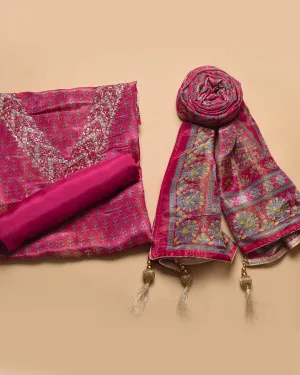 Bright Pink Satin Silk Blend Printed With Embroidery Unstitched Suit Fabric Set With Satin Silk Blend Printed Dupatta