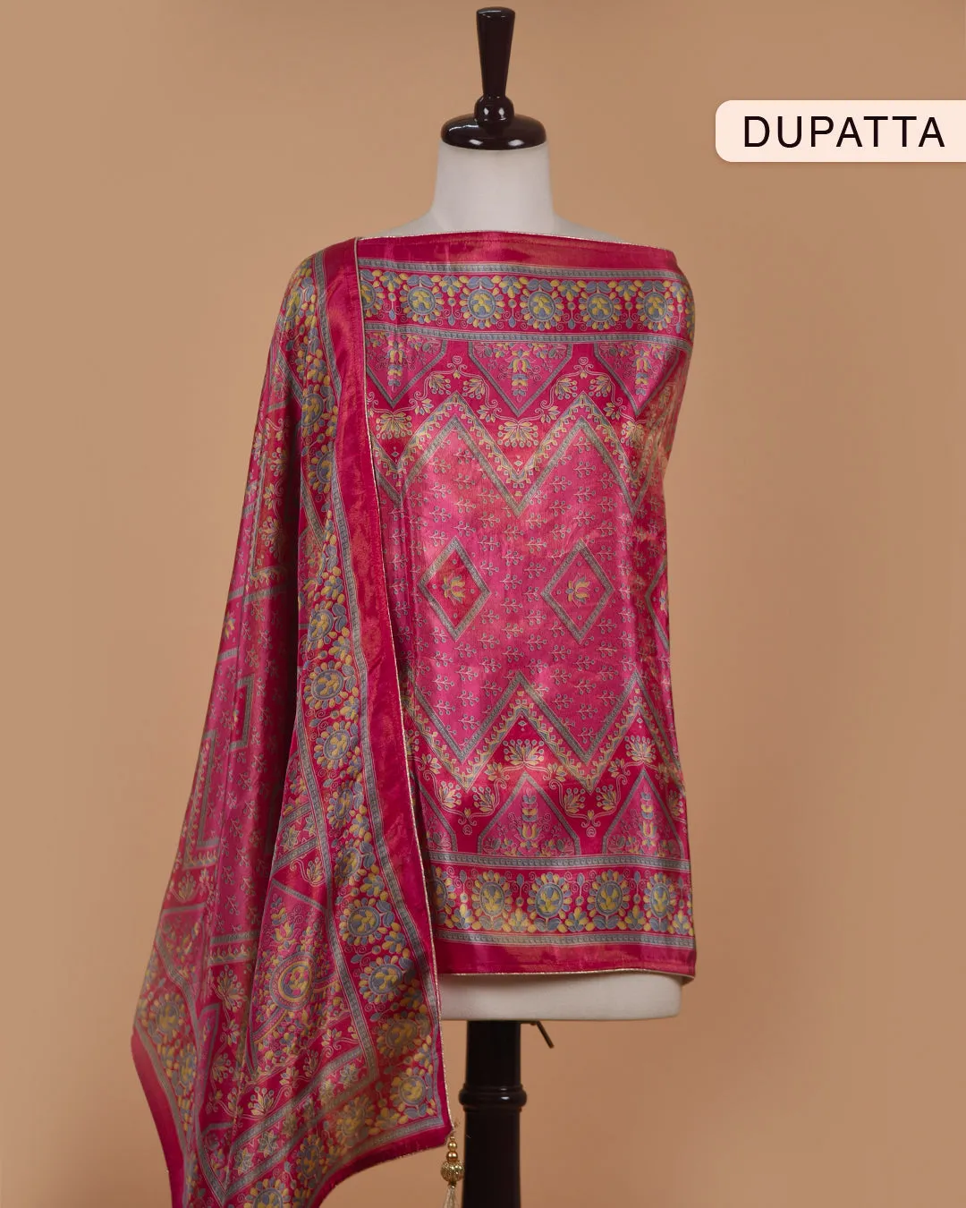 Bright Pink Satin Silk Blend Printed With Embroidery Unstitched Suit Fabric Set With Satin Silk Blend Printed Dupatta