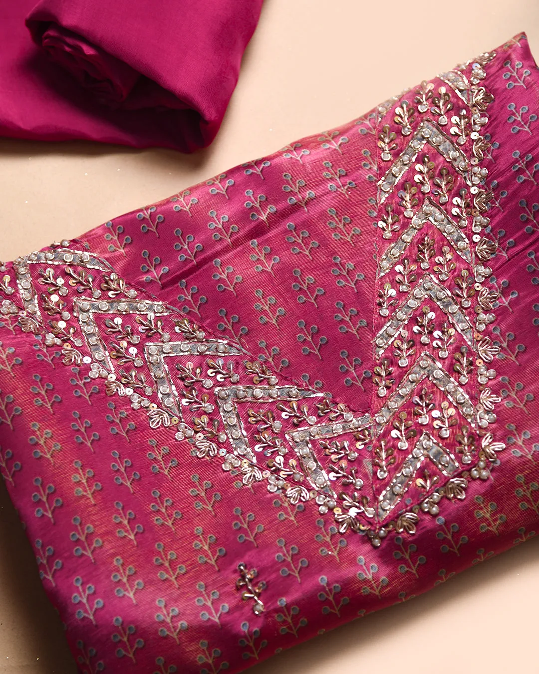 Bright Pink Satin Silk Blend Printed With Embroidery Unstitched Suit Fabric Set With Satin Silk Blend Printed Dupatta