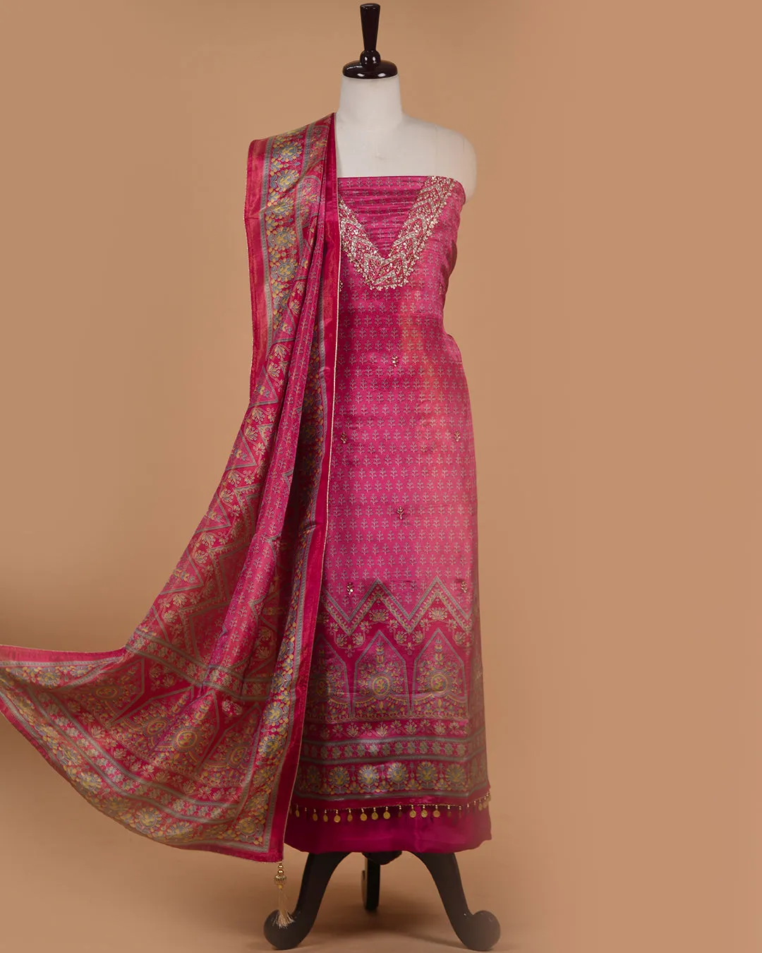 Bright Pink Satin Silk Blend Printed With Embroidery Unstitched Suit Fabric Set With Satin Silk Blend Printed Dupatta