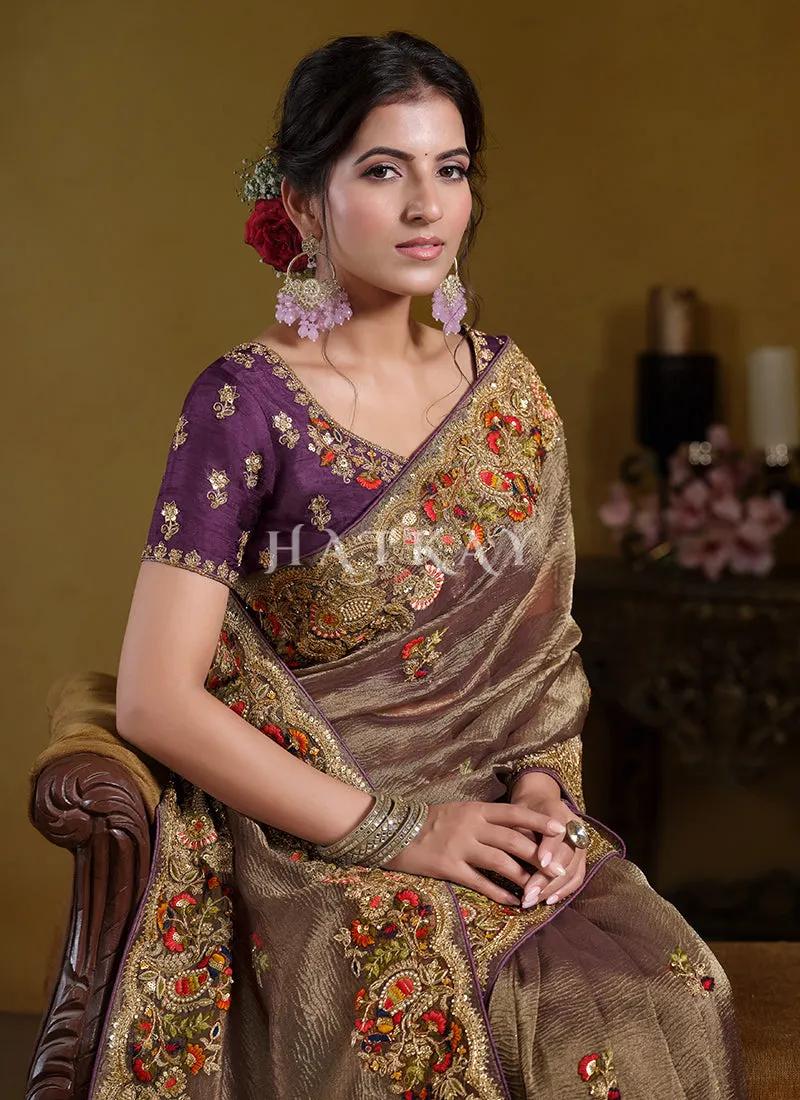 Brown And Purple Embroidered Silk Saree