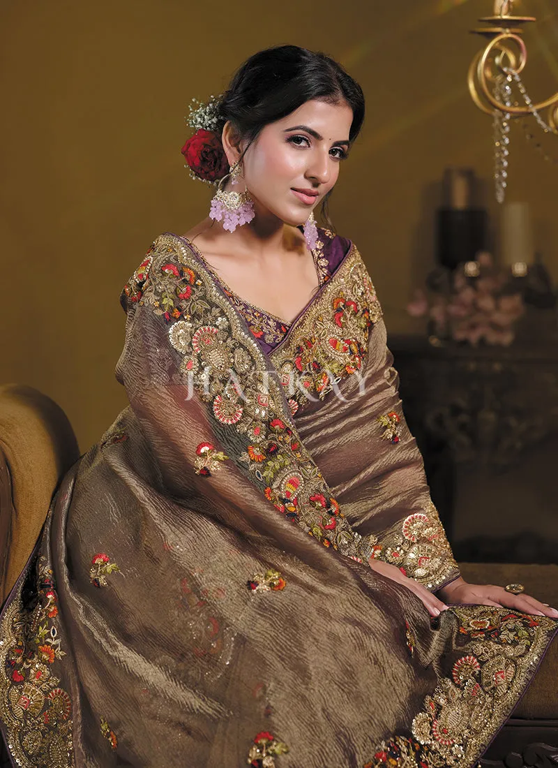 Brown And Purple Embroidered Silk Saree