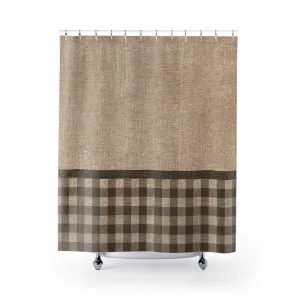 Brown Faux Burlap Buffalo Plaid Contrast Colorblock Pattern Shower Curtain Rustic Fall Home Decor