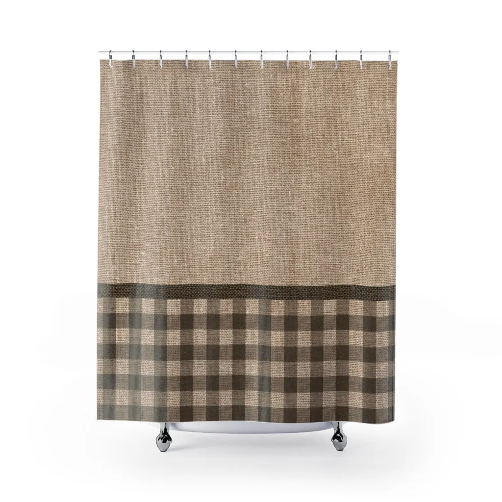 Brown Faux Burlap Buffalo Plaid Contrast Colorblock Pattern Shower Curtain Rustic Fall Home Decor