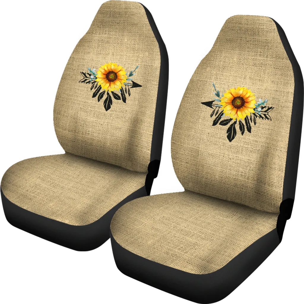 Burlap Style Background With Sunflower Dreamcatcher Car Seat Covers Set of 2