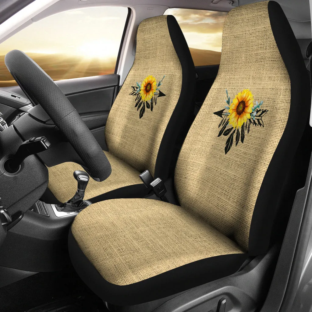 Burlap Style Background With Sunflower Dreamcatcher Car Seat Covers Set of 2