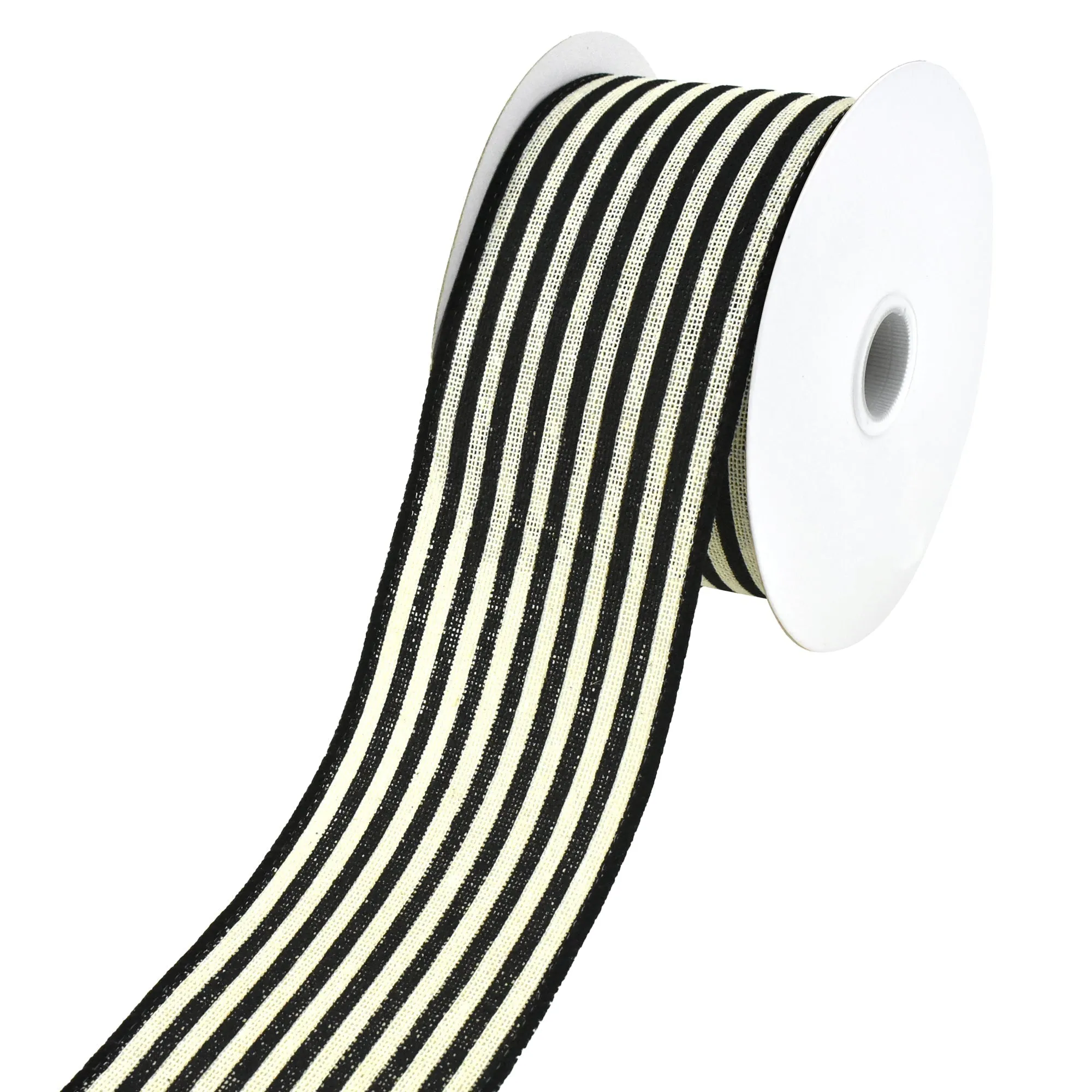 Cabana Stripes Faux Burlap Wired Ribbon, 10-yard, Black/Ivory