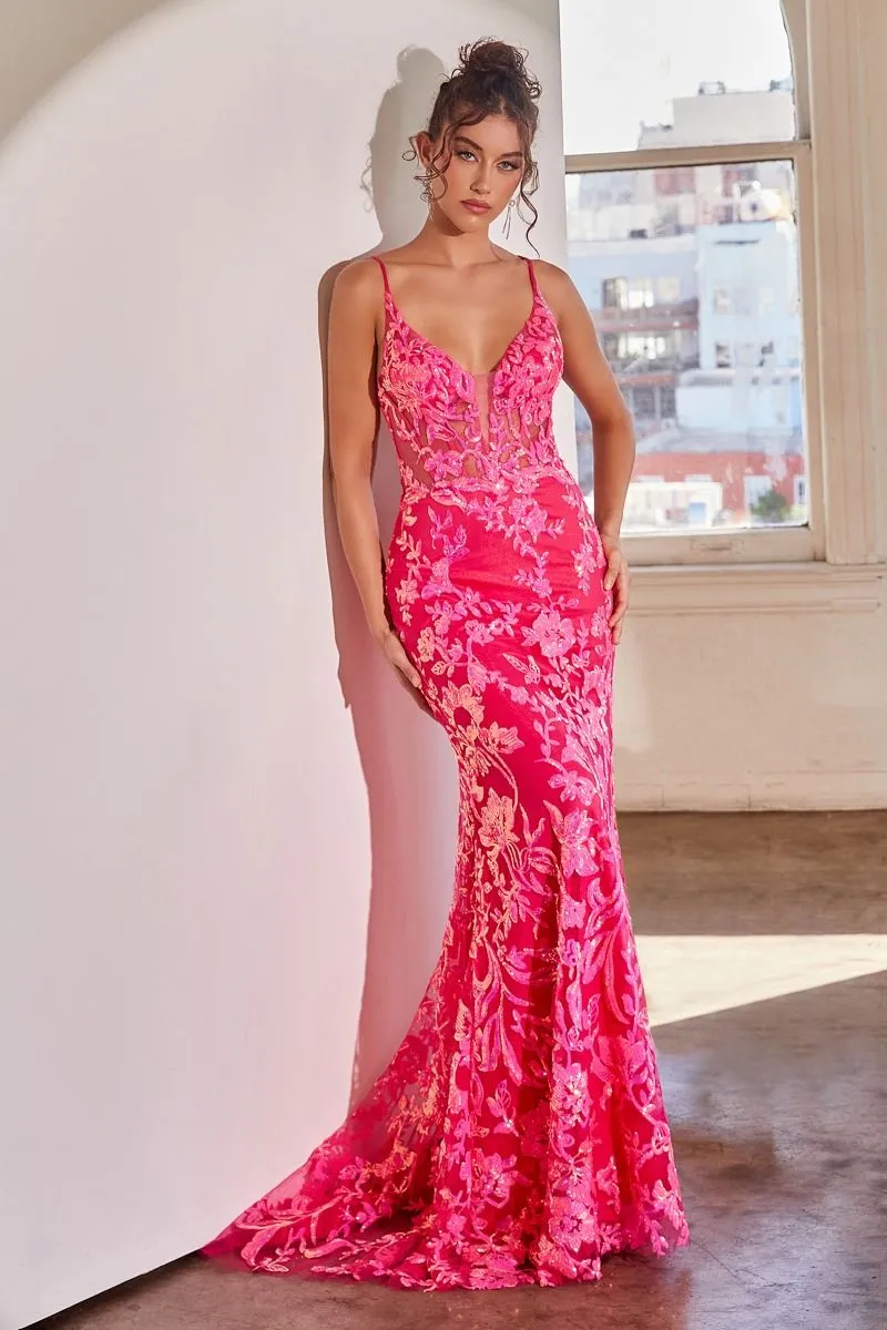 CD CR872 - Sequin Patterned Fit & Flare Prom Gown Sheer Boned Lace Detailed Corset Bodice & Lace Up Key-Hole Back