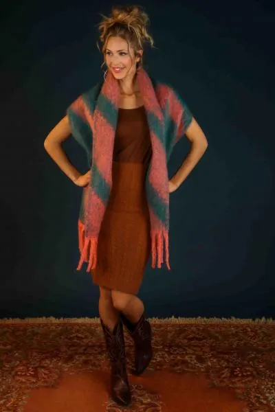 Ciara Cosy Chevron Scarf - Coral/Teal