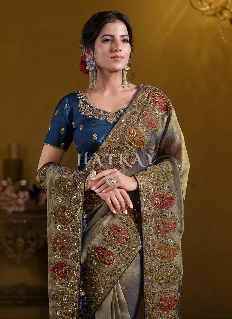 Copper Blue Embroidered Silk Saree