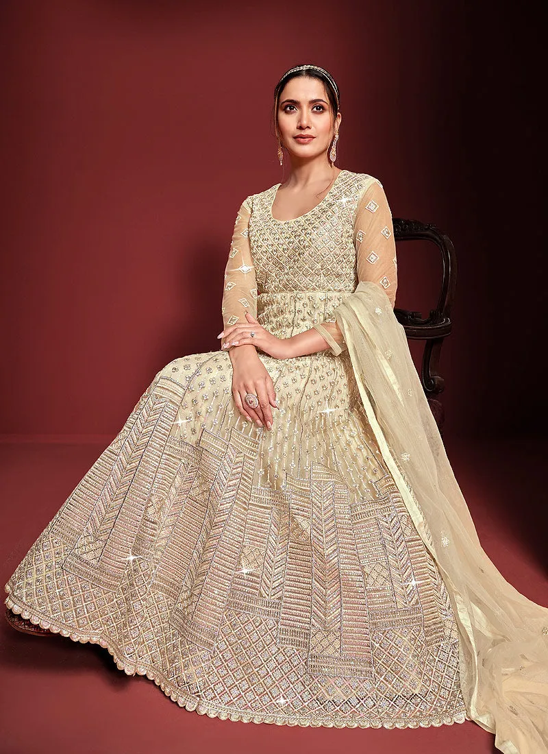 Cream Color Heavy Embroidered Kalidar Anarkali