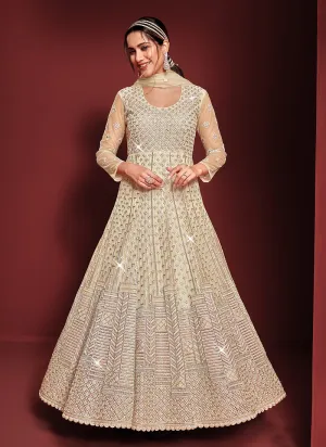 Cream Color Heavy Embroidered Kalidar Anarkali