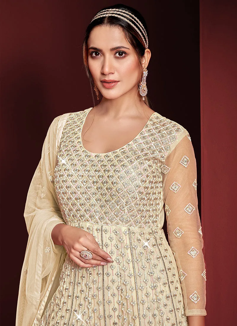 Cream Color Heavy Embroidered Kalidar Anarkali