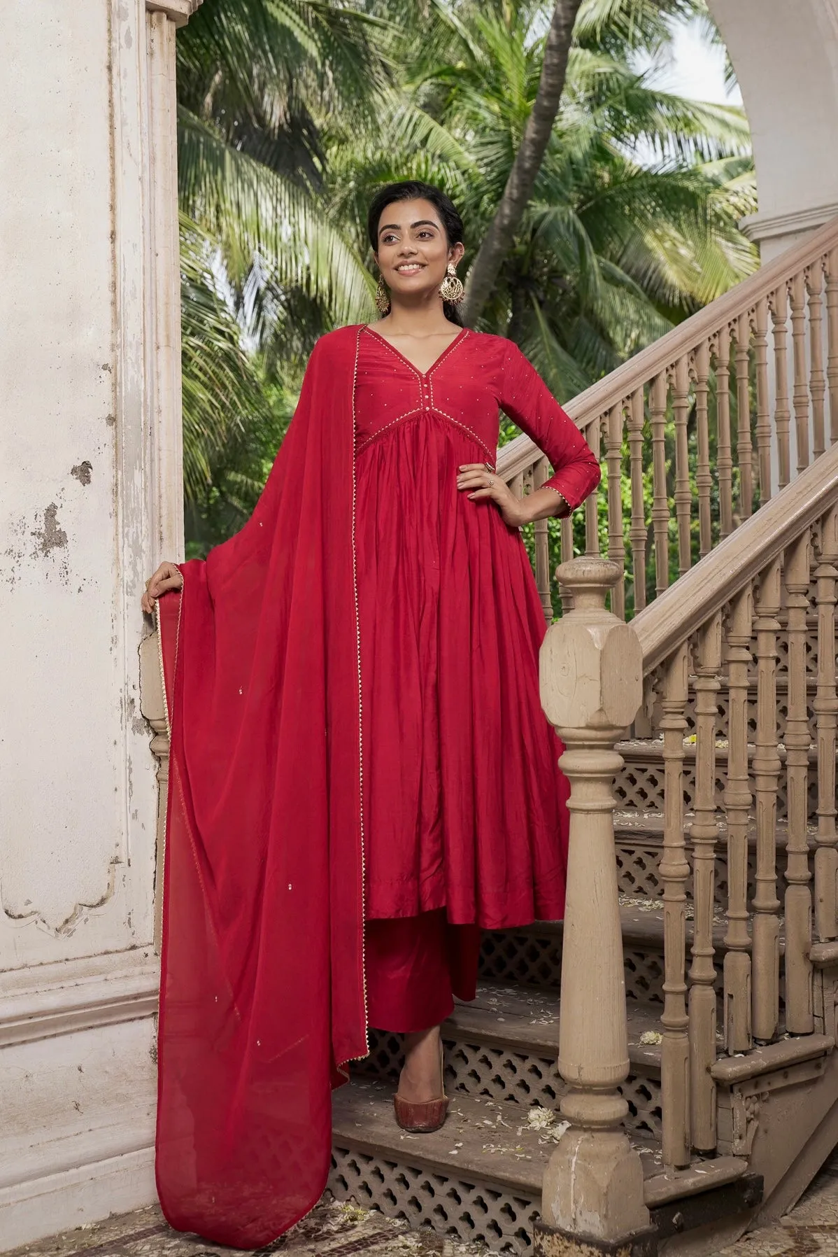 Crimson Red Suit Set with Mukes Work and Organza Dupatta
