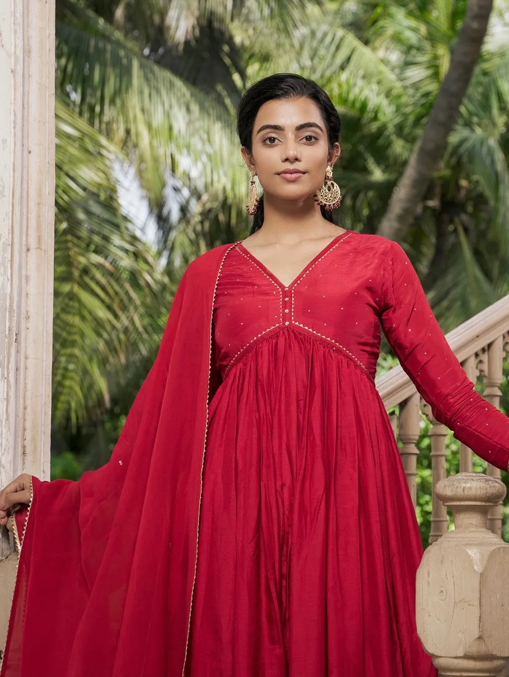 Crimson Red Suit Set with Mukes Work and Organza Dupatta