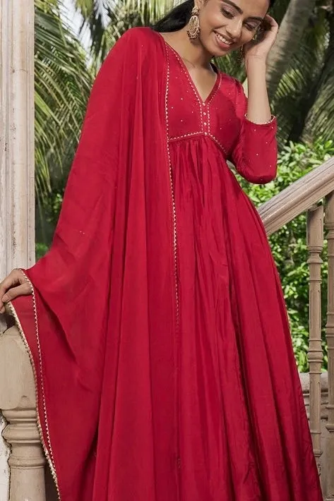 Crimson Red Suit Set with Mukes Work and Organza Dupatta