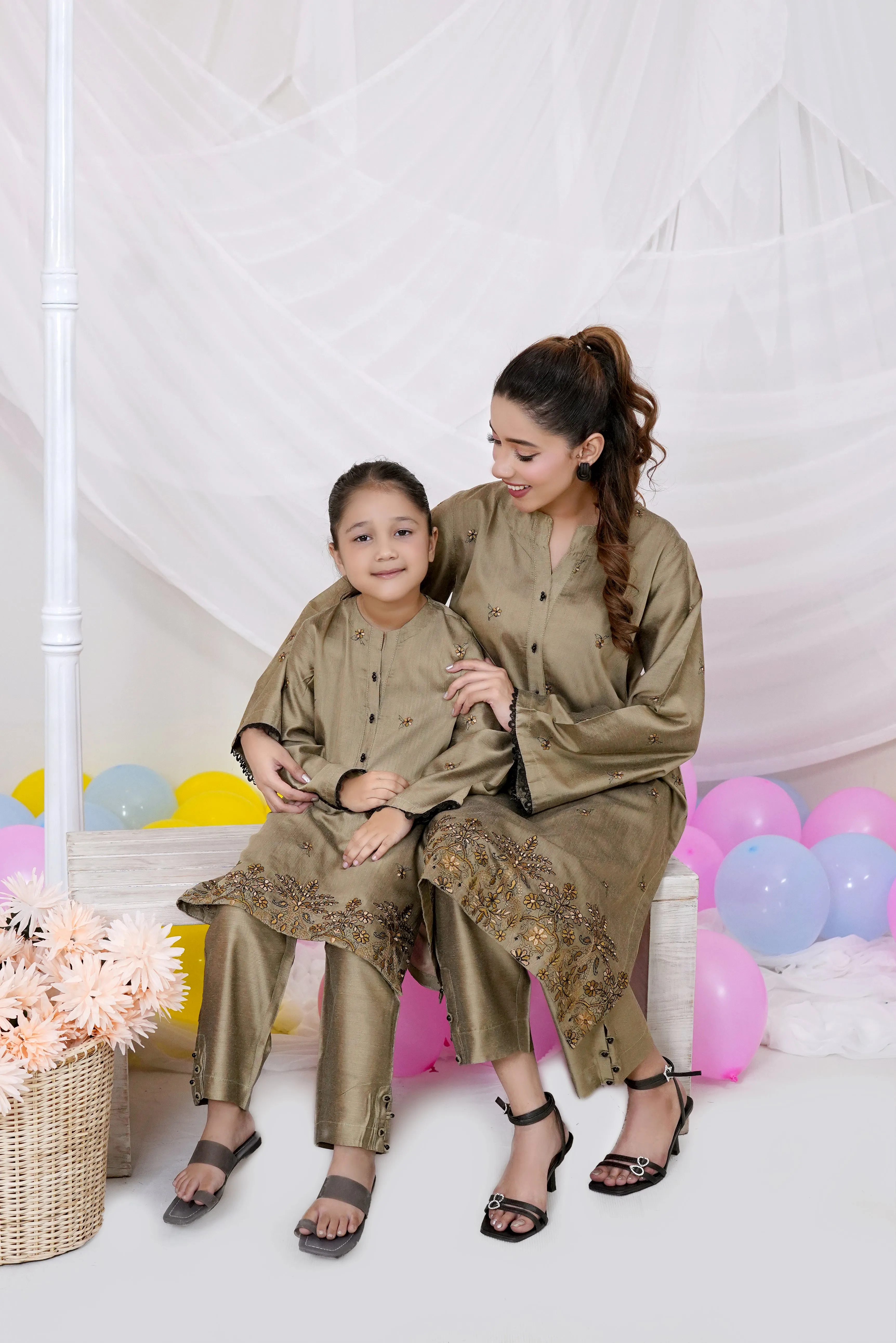 Dark Beige Embellished Katan Silk Set"